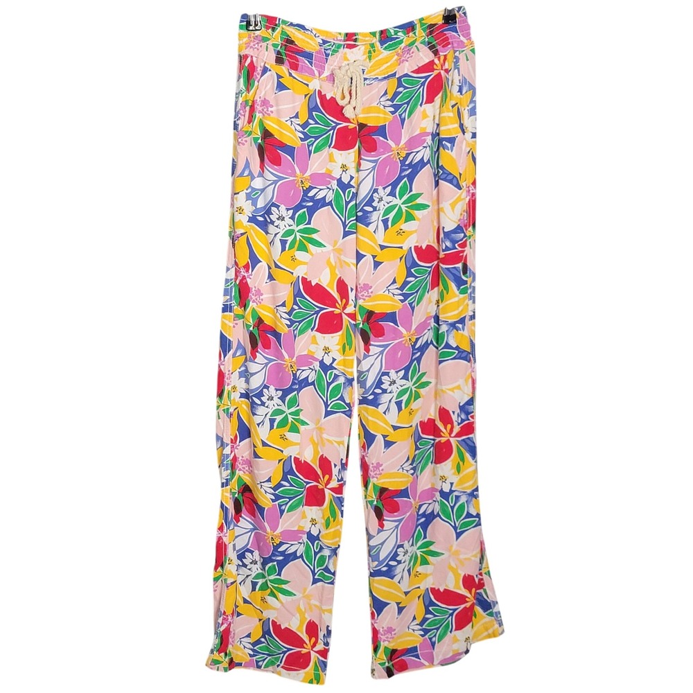 April Kiss Pants Womens Medium Multicolor Floral Rayon Linen Wide Leg Drawstring